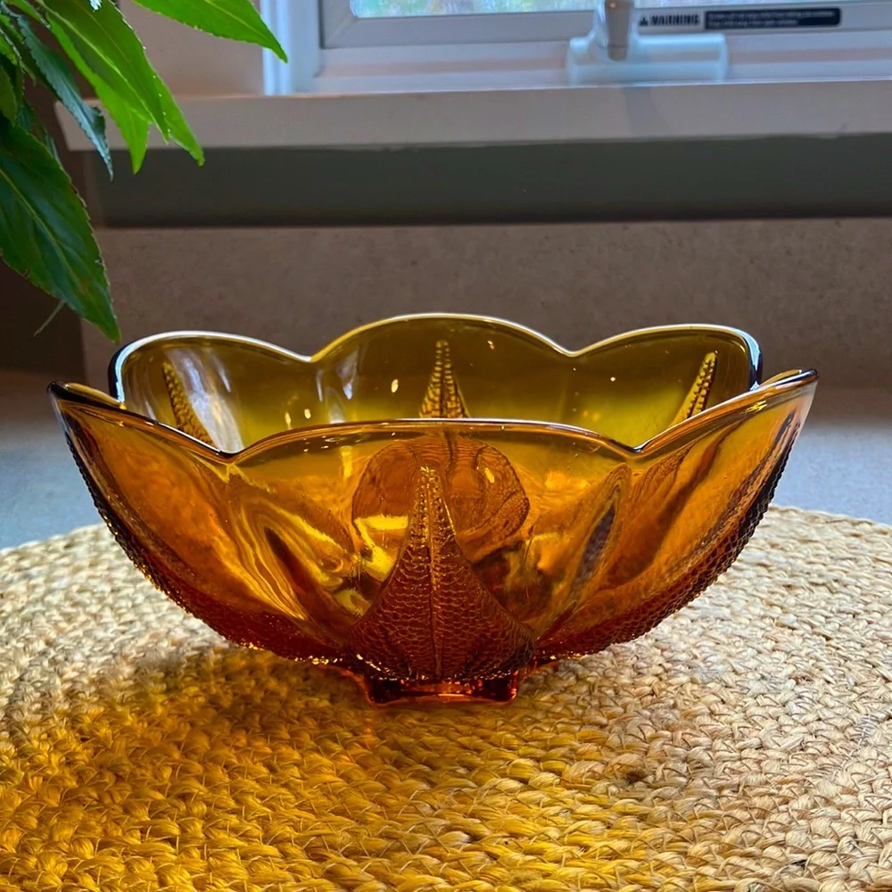 Vintage Amber Bowl with Leaf Pattern